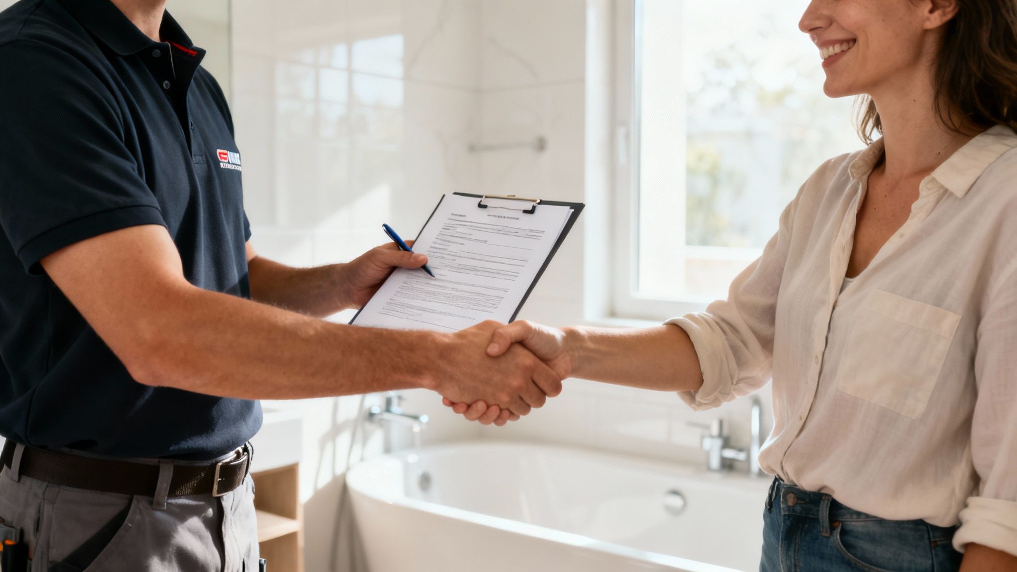 Nick Klint Lundquist fra NKL Tømrer & Snedker, der rådgiver en kunde om materialer til en badeværelsesrenovering.