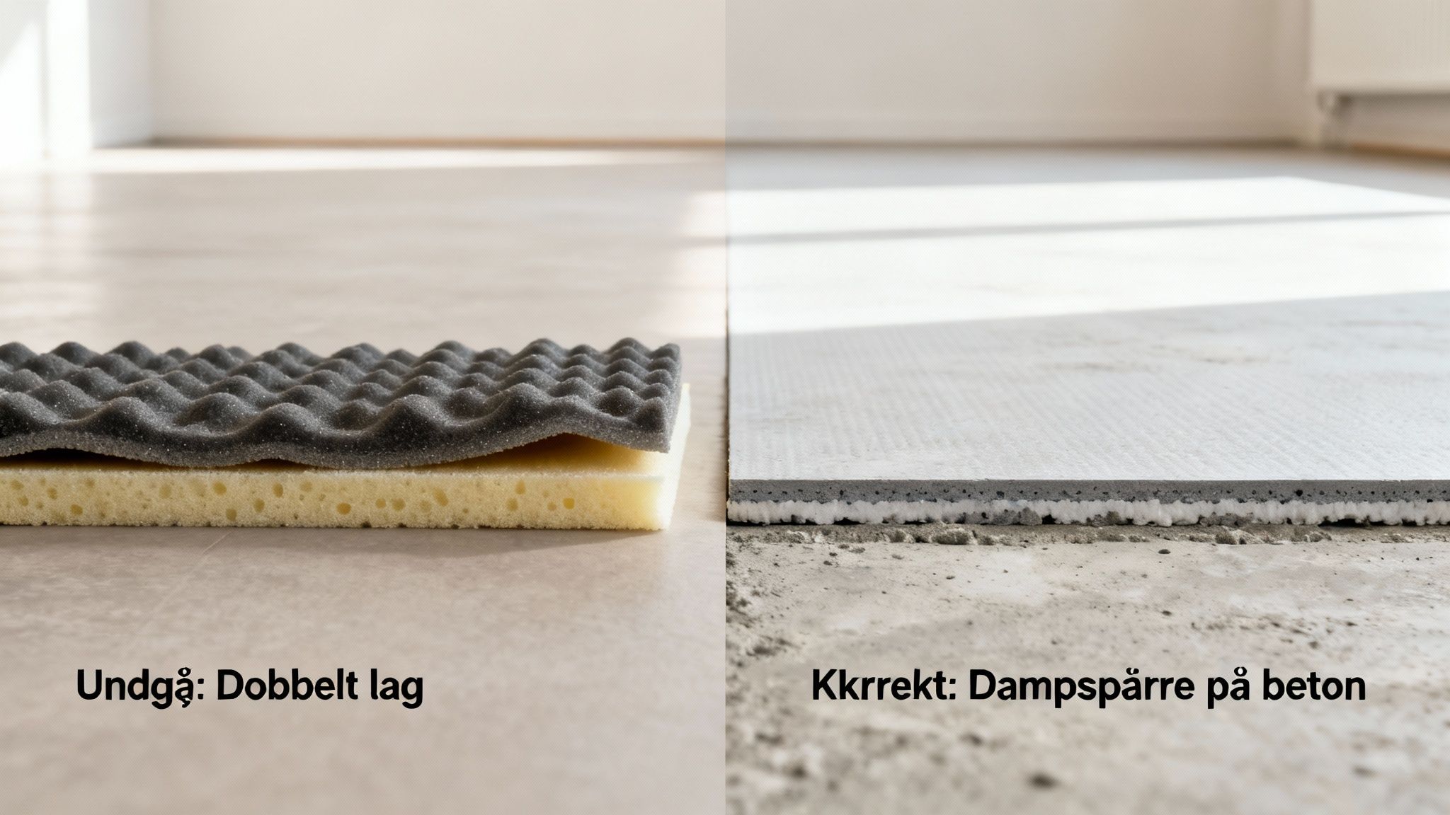 Billede der viser korrekt og forkert underlag til gulv på beton med tekst om dobbelt lag og dampsperre.
