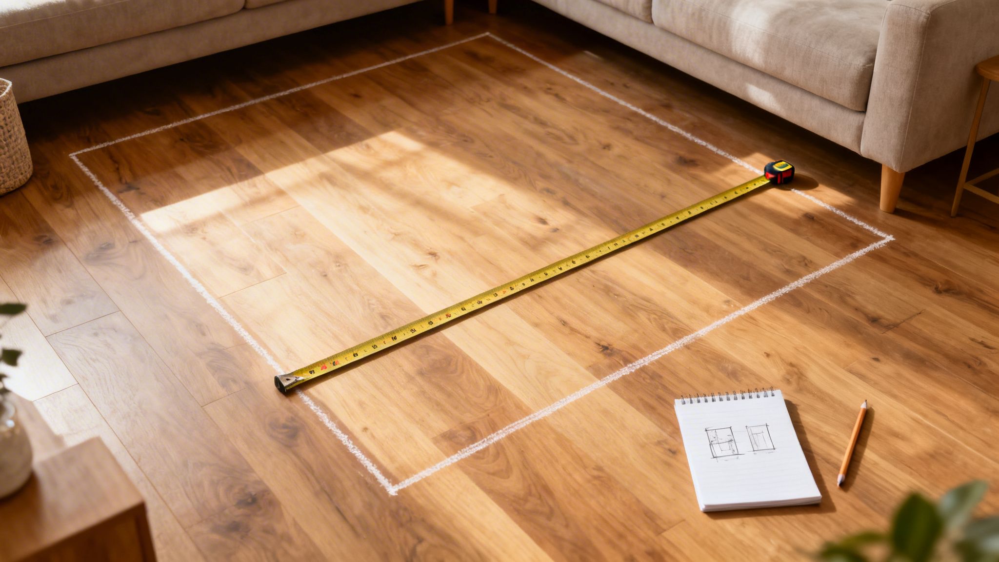 Et målebånd, kridtstreg og skitsebog på trægulv i stuen, klar til at planlægge rummet.