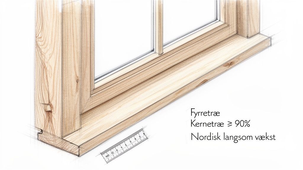 Detaljeret tegning af en vindueskarm og ramme i fyrretræ med tekst om kernetræ og nordisk vækst.