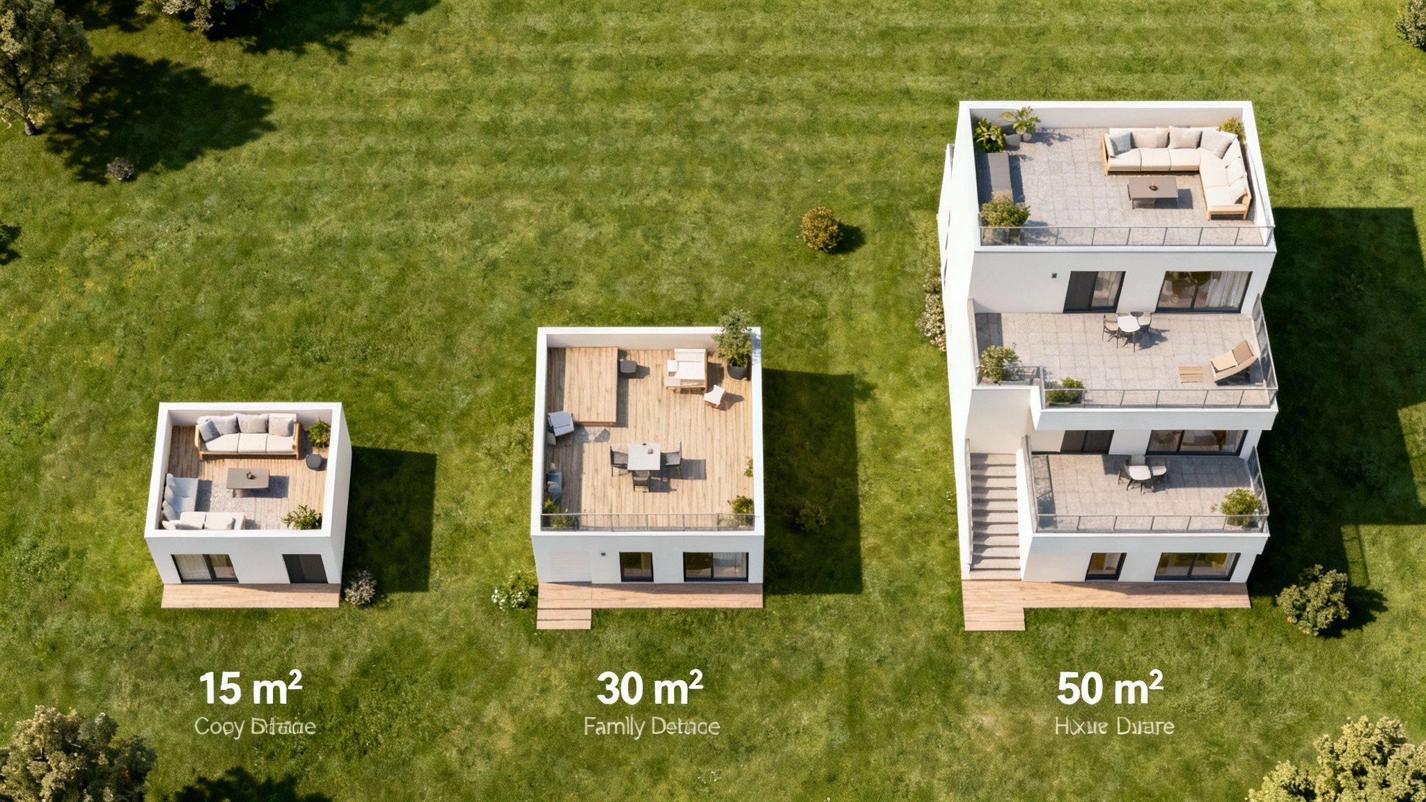 Oversigt over tre huse i forskellige størrelser, 15, 30 og 50 m², med store terrasser og græs.