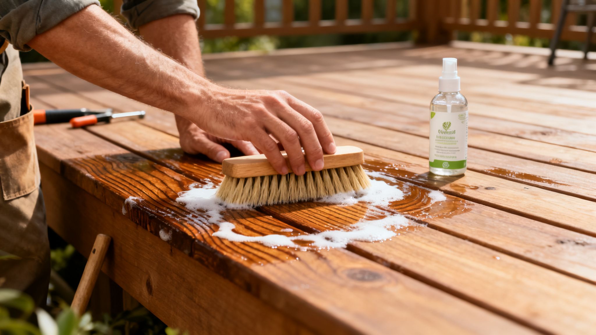 Nærbillede af en person, der rengør en træterrasse udendørs med en børste og skummende sæbe.