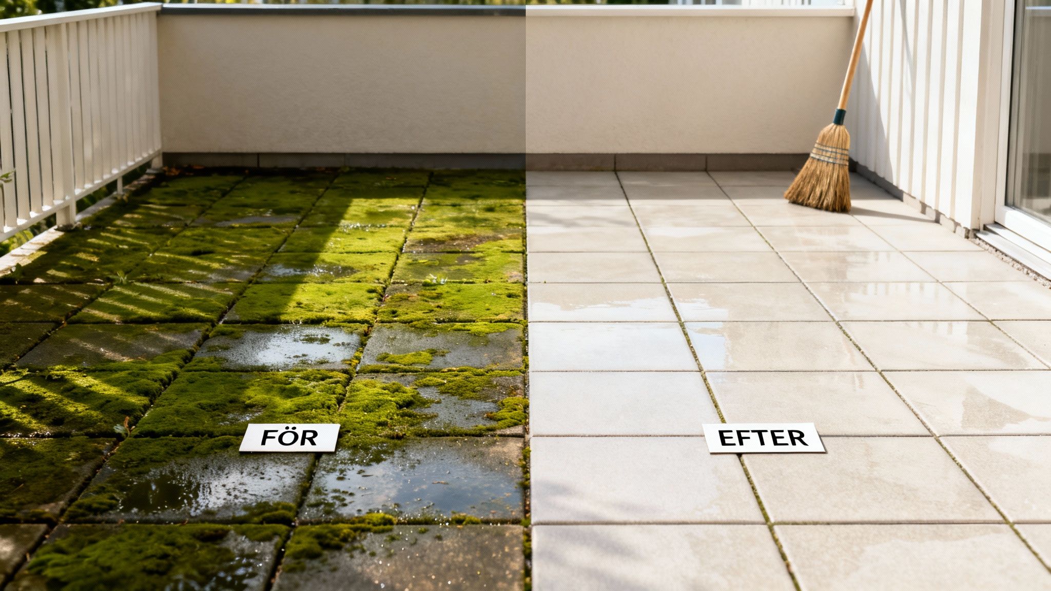 Før og efter billede af en terrasse med fliser. Venstre side dækket af grøn mos, højre side skinnende ren efter rensning.