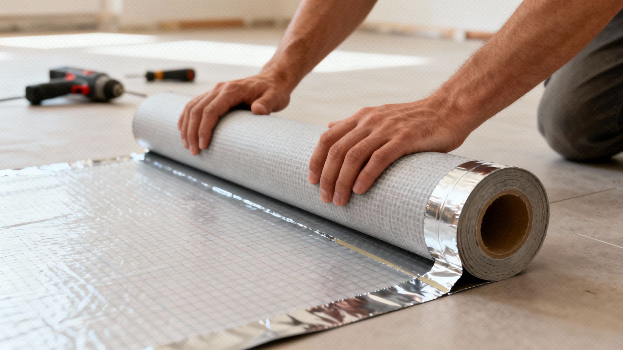 En person ruller gulvunderlag ud med en dampspærre på gulvet, med værktøj i baggrunden.