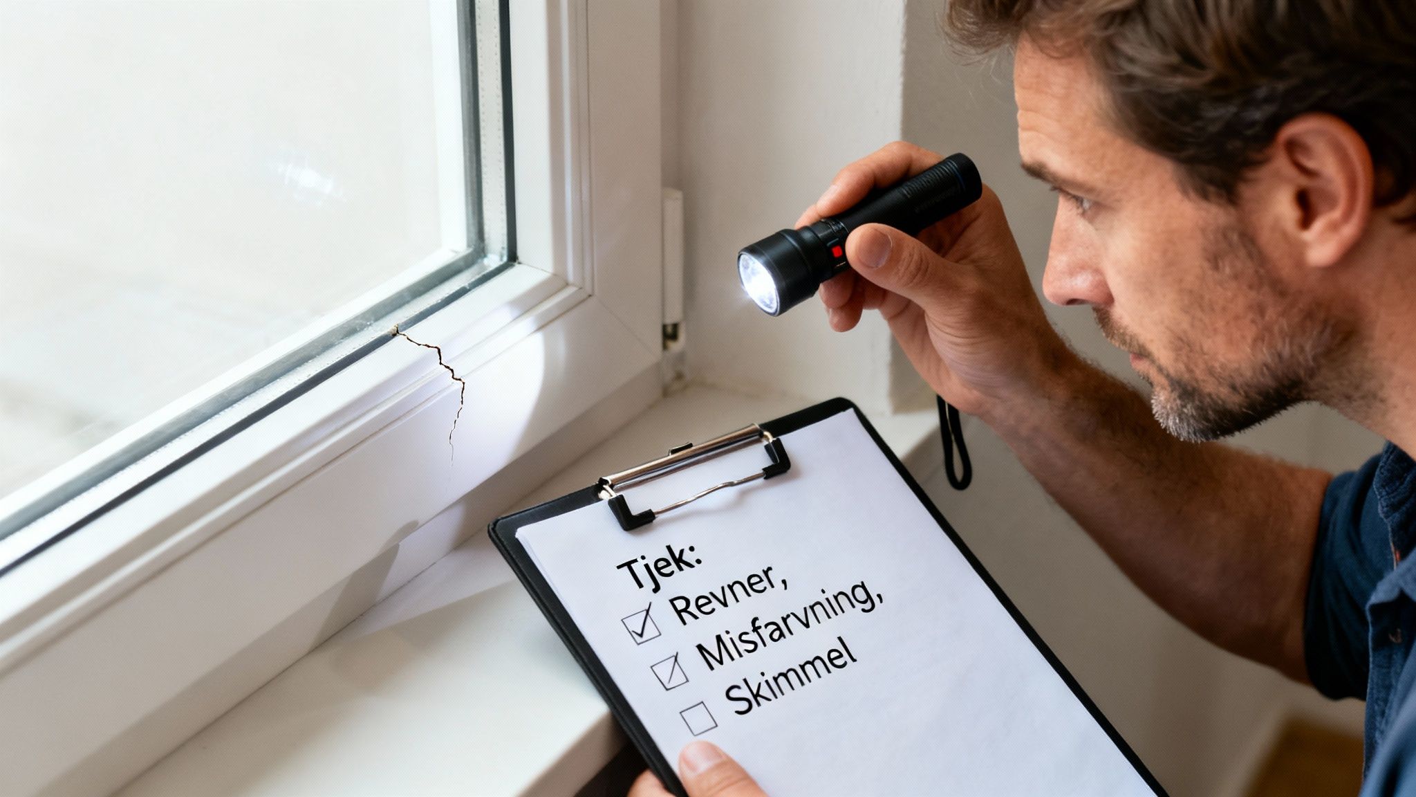Mand undersøger revne i vinduesramme med lommelygte og tjekker punkter på en tjekliste.
