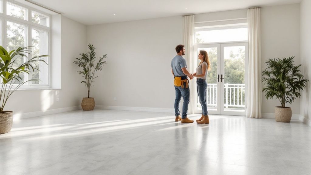 En professionel håndværker viser det færdige, plant nivellerede gulv frem