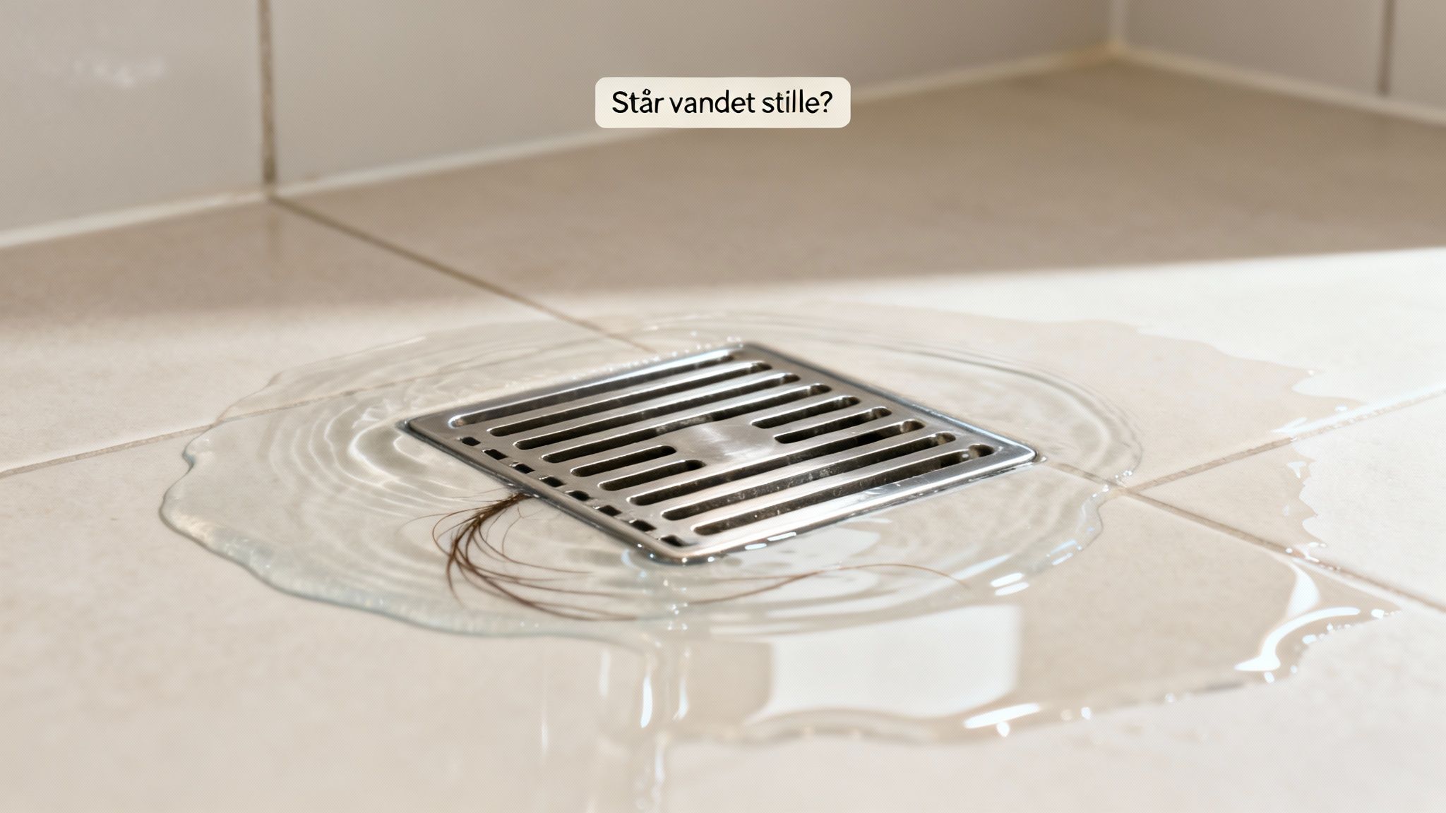 Vand samler sig på fliserne omkring et tilstoppet afløb med hår. Indikerer dårlig dræning.