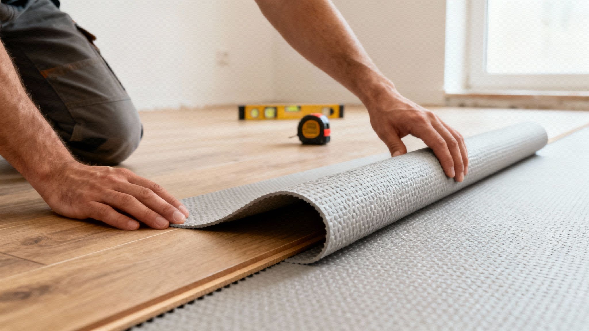 En mand knæler og installerer et trægulv, mens han ruller underlag ud for korrekt lægning.