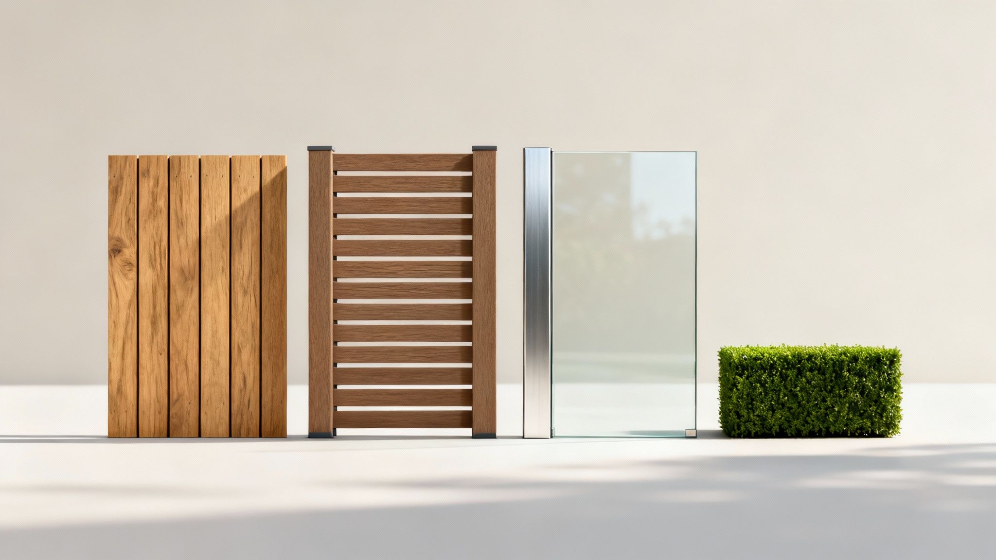 Forskellige typer hegn og skærme til terrassen, inklusive træpaneler, glas og en hæk.