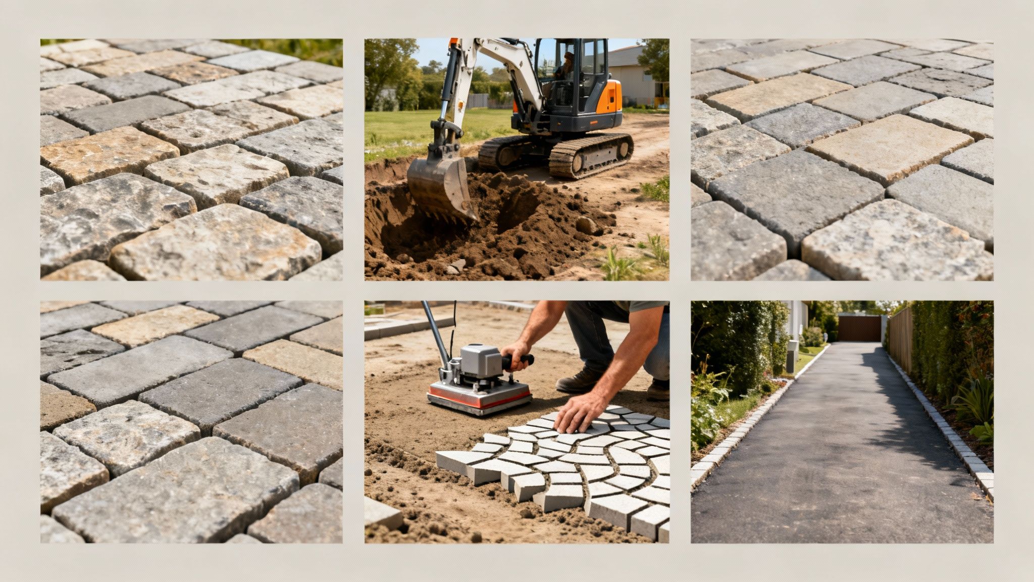 Billedkollage viser processen med at lægge fliser og anlægge indkørsler, fra gravearbejde til færdig belægning.