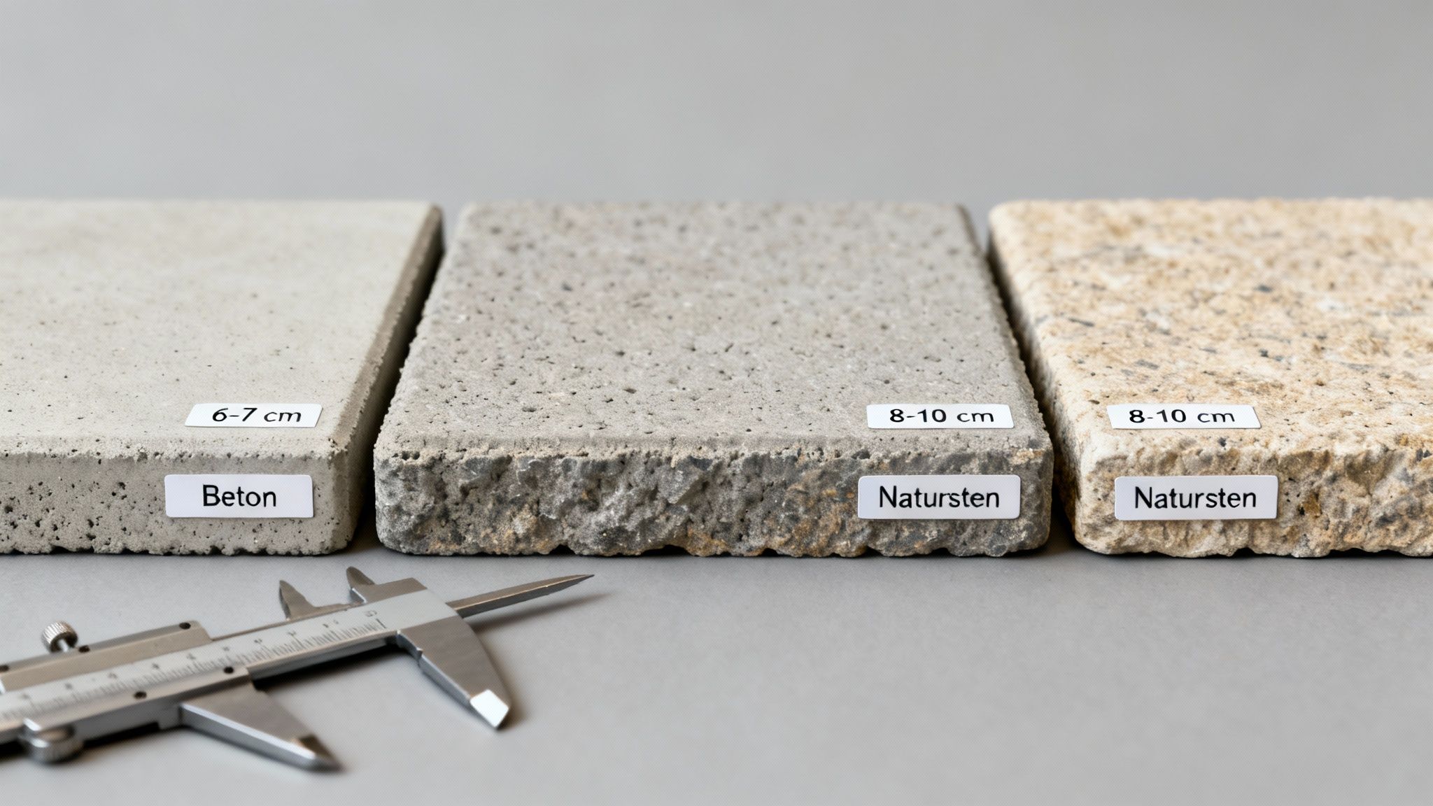 Tre forskellige fliser til indkørsel: beton og natursten med deres tykkelsesmål samt en skydelære.