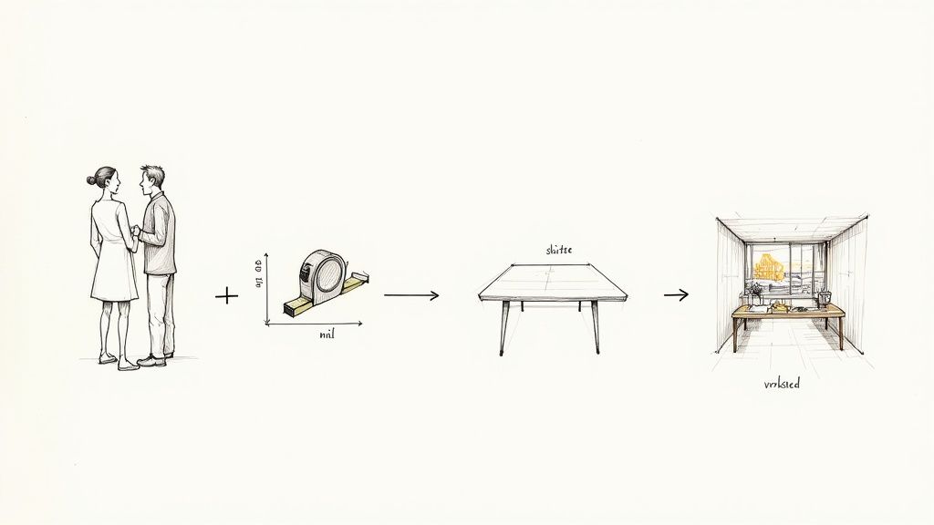 Illustration der viser et par, der måler op, skitserer et bord og indretter et værksted.