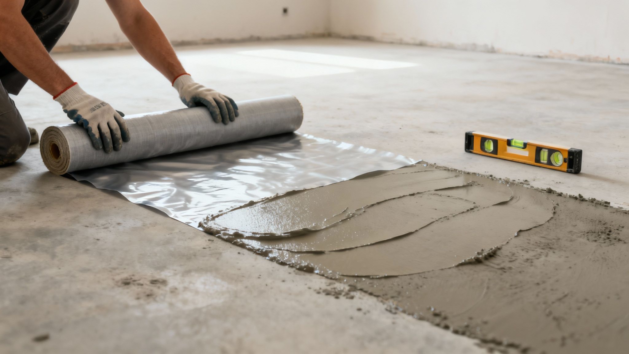 En person med handsker ruller en grå membran ud over frisk mørtel på et betongulv. Et vaterpas ligger ved siden af.