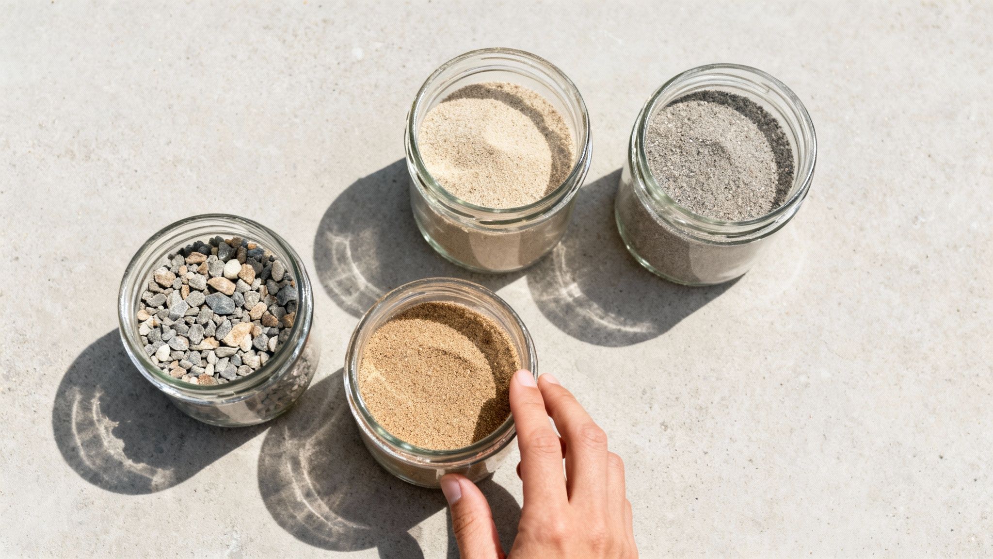 Fire glas med forskellige typer sand og småsten på en lys overflade, med en hånd der rører ved et glas.