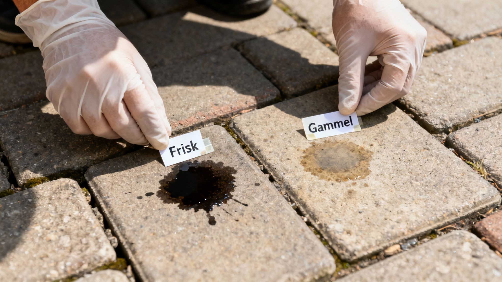Hænder i handsker placerer etiketter 'Frisk' og 'Gammel' ved oliepletter på fliser.