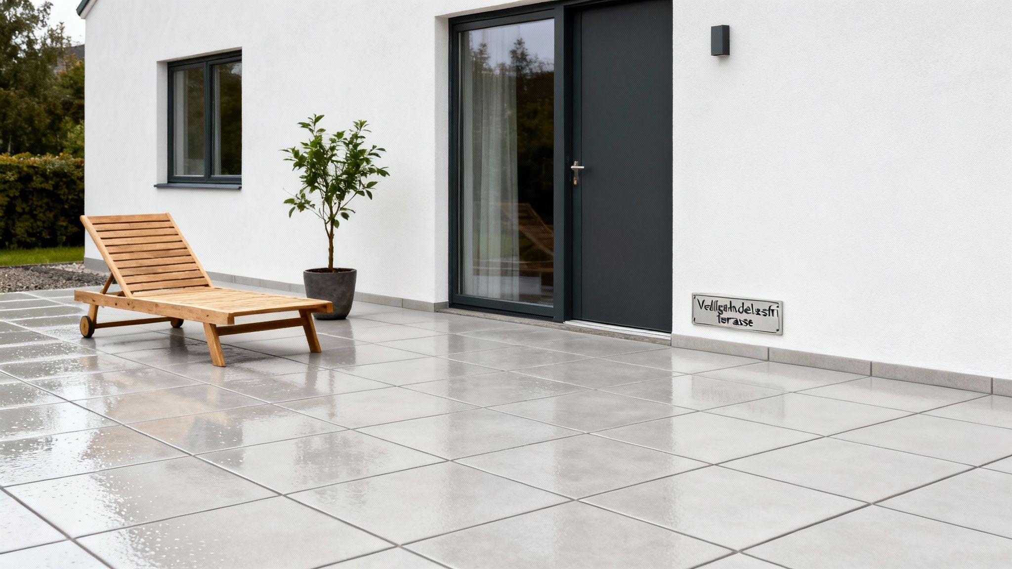 En lys grå flisebelagt terrasse med en træ solseng og en grøn plante foran et moderne hvidt hus med en mørk dør.