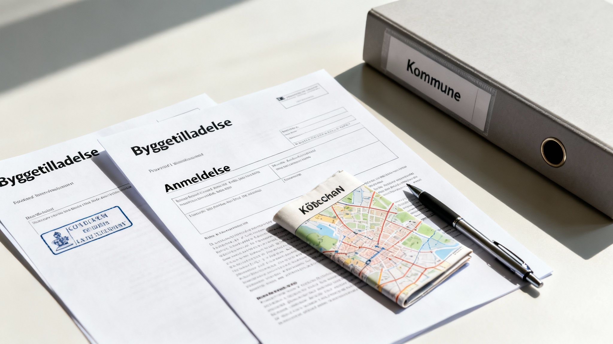 Kontorbord med byggetilladelser, en København-kort, kuglepen og et ringbind mærket Kommune.