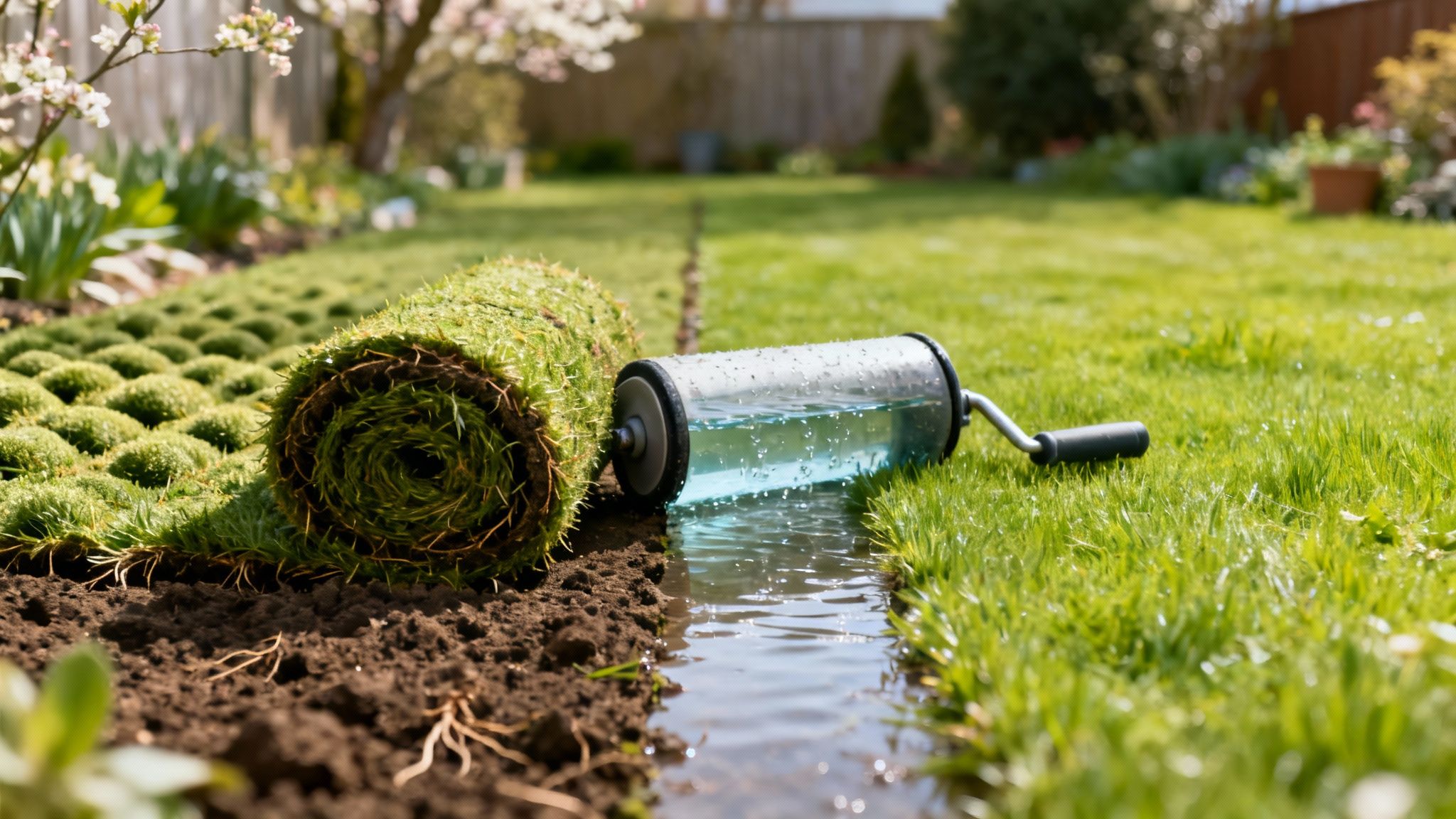 Et rullet græstæppe og en vandfyldt tromle på jorden, klar til at anlægge en ny græsplæne i haven.