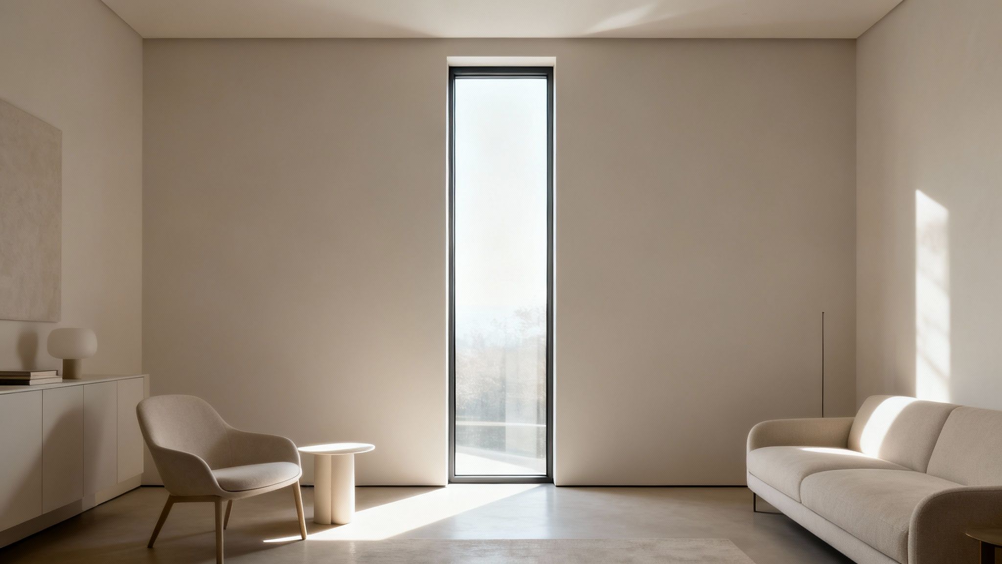 Minimalistisk stue med et højt vindue, en lys sofa, lænestol og et sidebord.