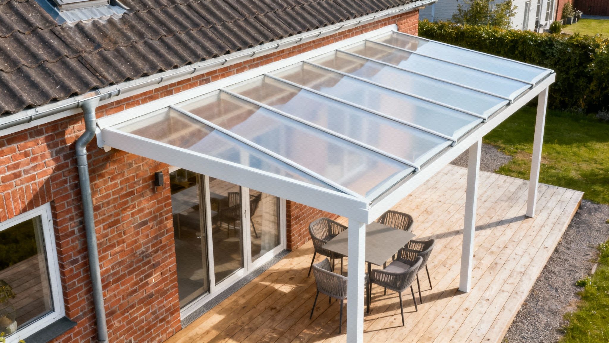 En moderne overdækket terrasse med gennemsigtigt tag, der strækker sig fra et murstenshus, med udendørs spisemøbler på trædæk.
