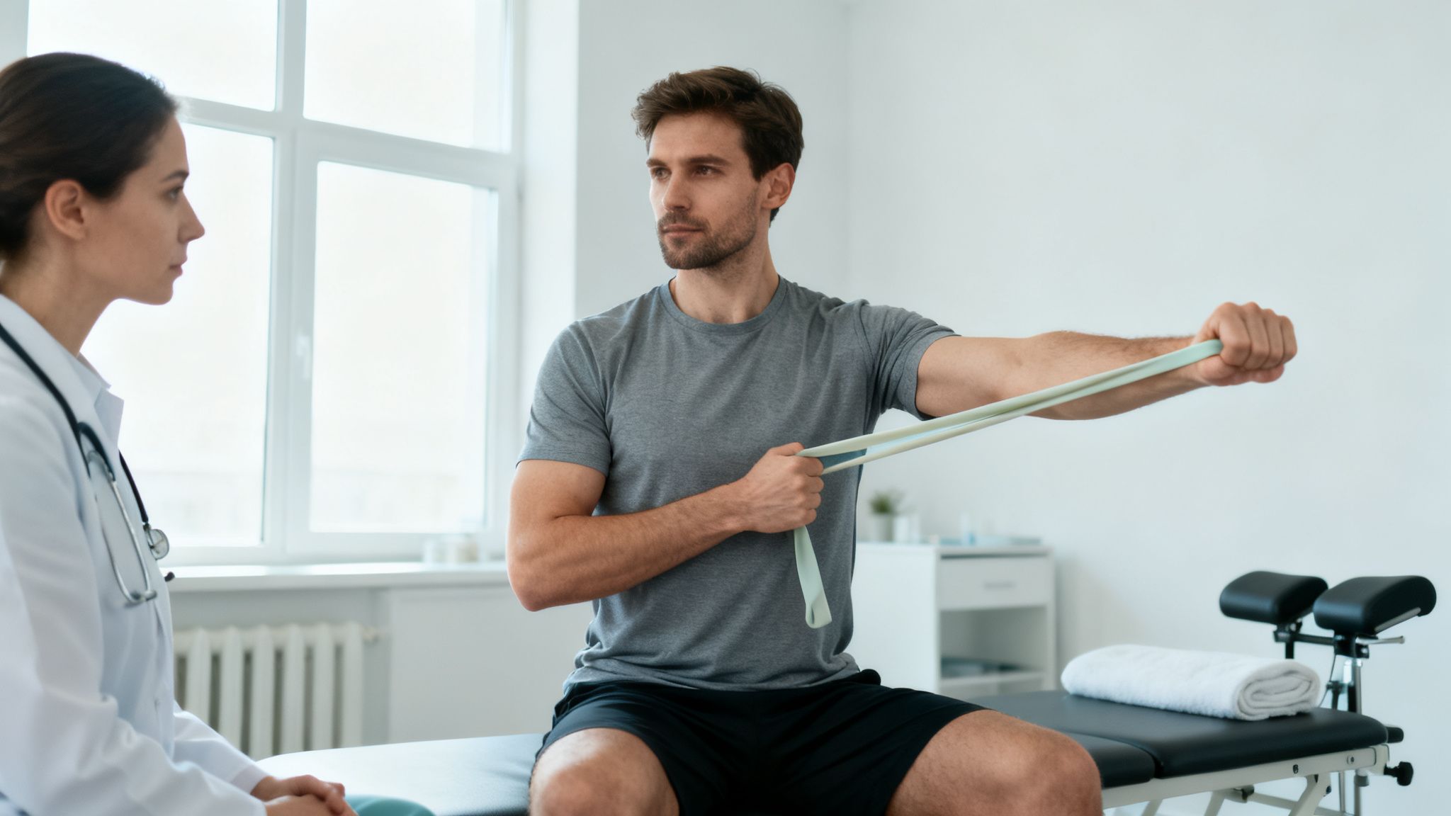 En mand udfører skulderøvelser med et modstandsbånd under opsyn af en læge i en klinik.