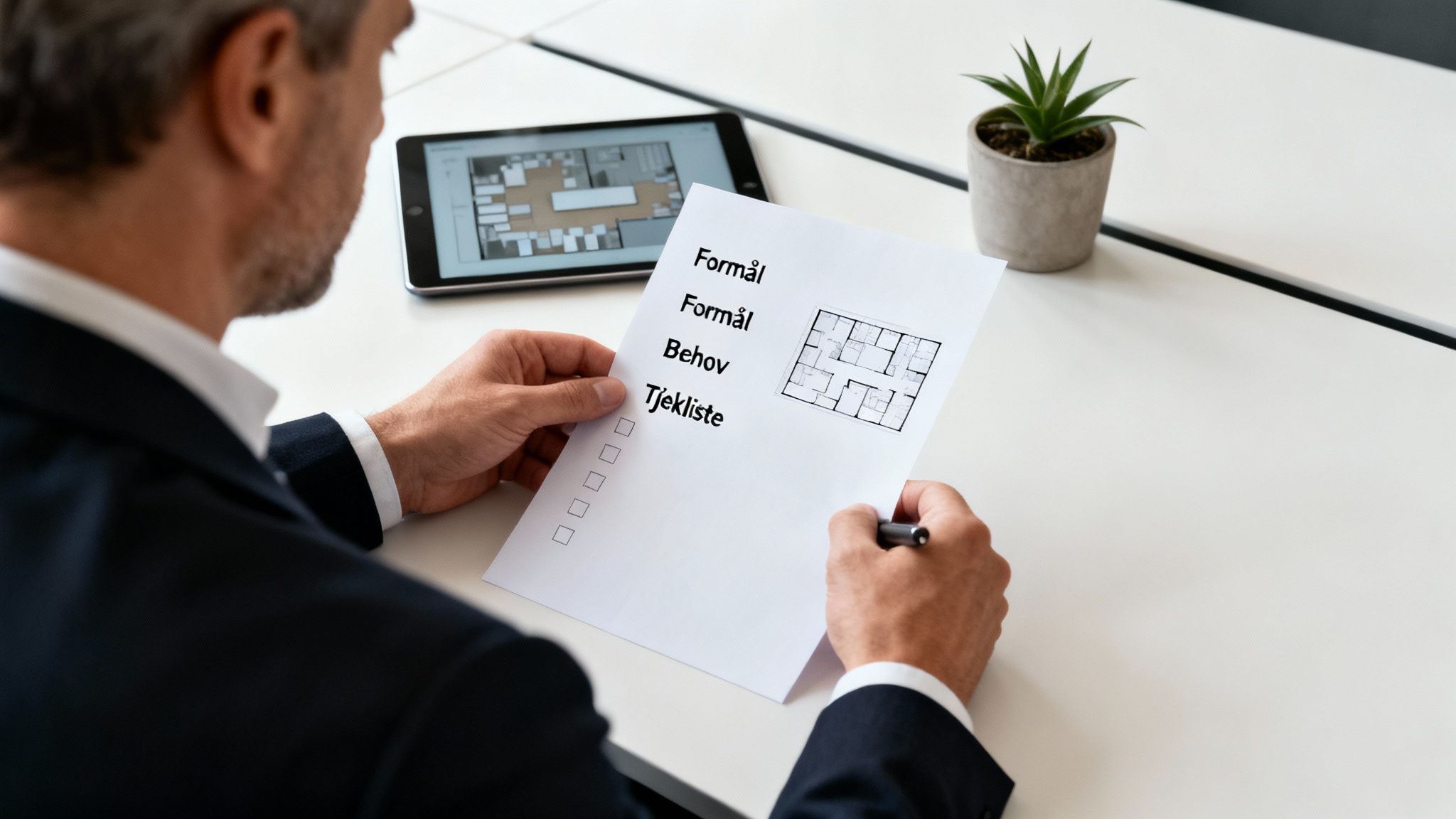 Mand gennemgår en tjekliste med plantegninger for at planlægge kontorrenovering på Sjælland.