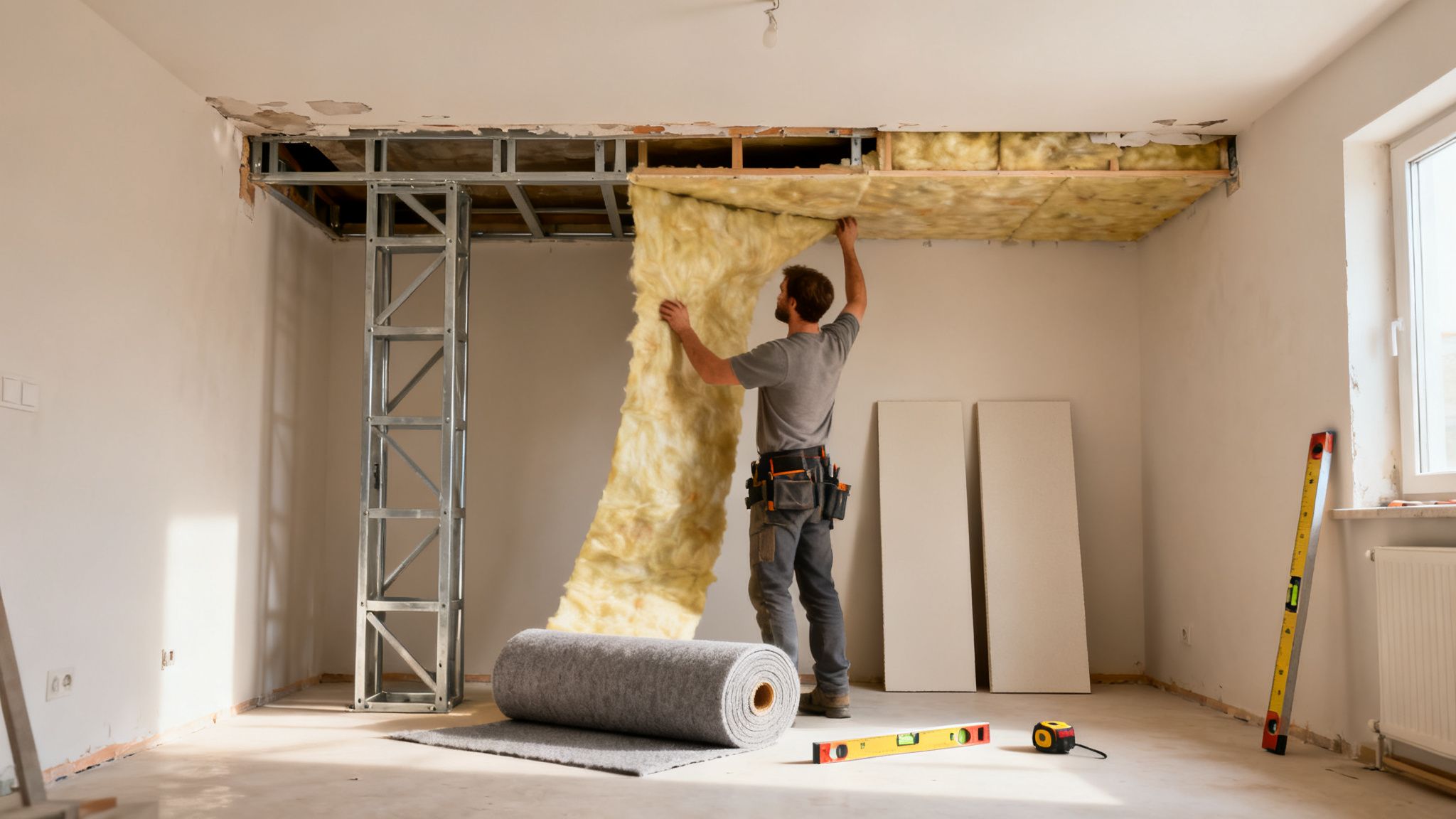 En mand installerer lydisolering i et loft, som er under renovering, med værktøj og materialer i rummet.