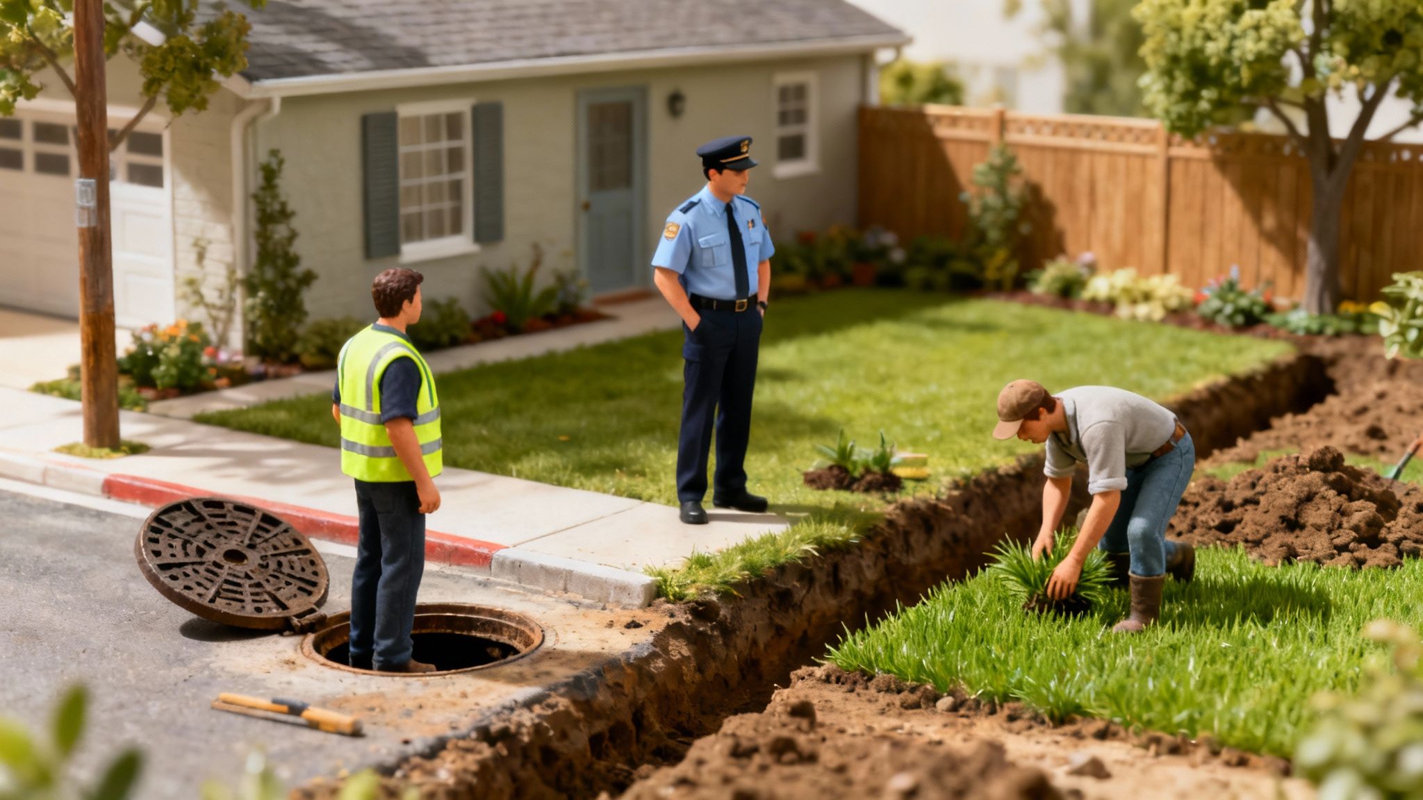 En kloakmester i gang med at installere rør i en udgravning i en have