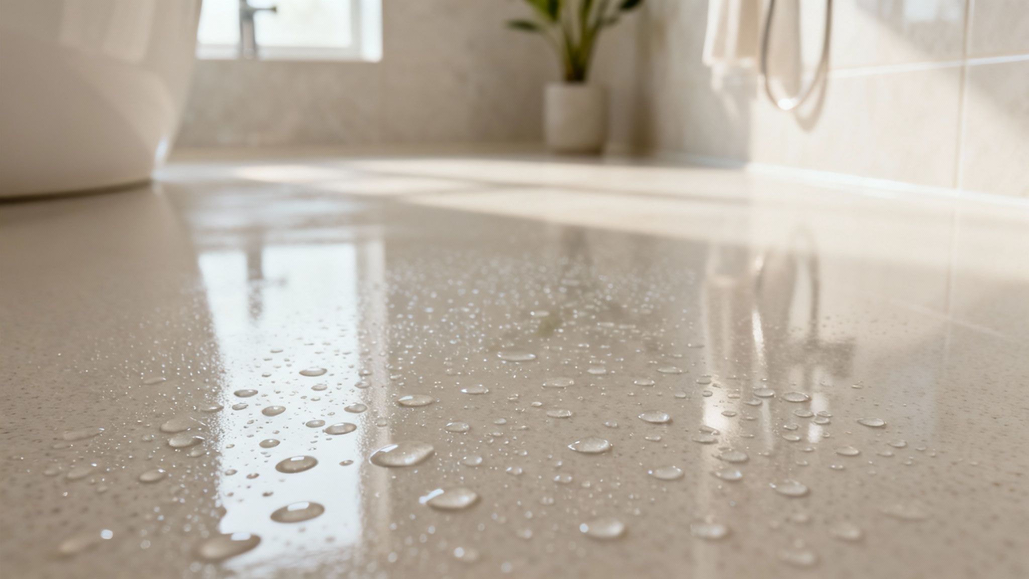 Et nærbillede af en glat, grå epoxy gulvoverflade