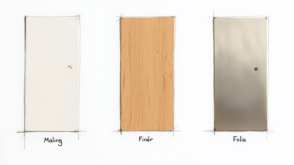 Tre døre med forskellige overflader: malet, fineret træ og folie, vist som illustrationer.