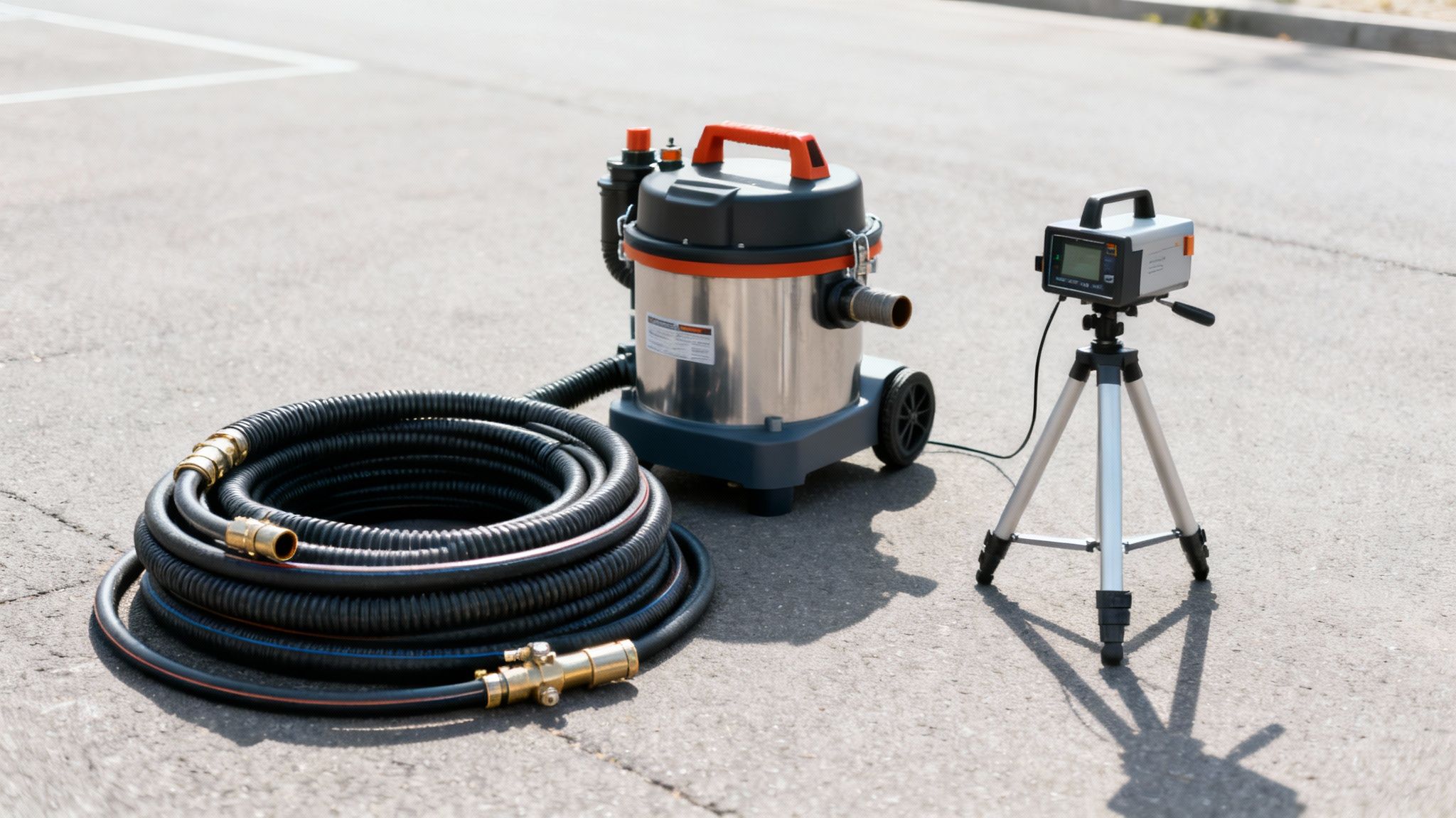 Udstyr til kloakservice med en industristøvsuger, en slange og måleudstyr på en asfaltvej.