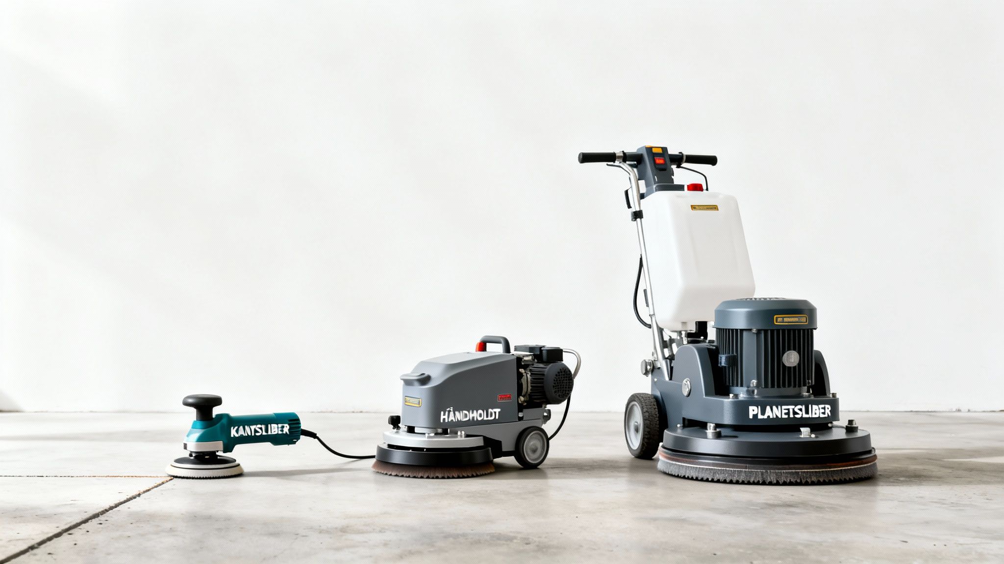 Et udvalg af gulvslibere til beton, inklusiv kantsliber, håndholdt model og planetsliber.