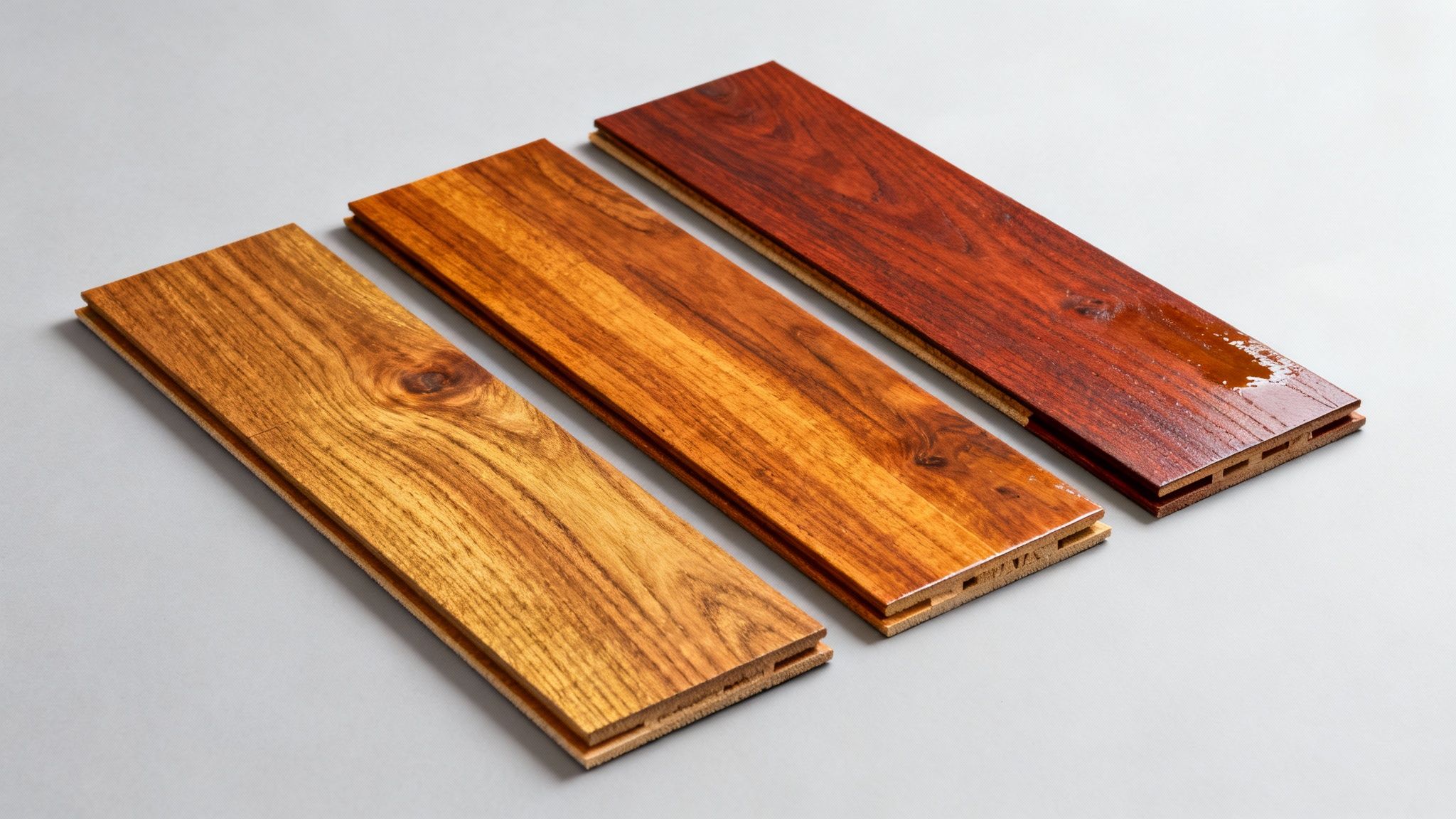 Tre forskellige trægulvsprøver i nuancer fra lys til mørk, med vandstænk på den mørke.