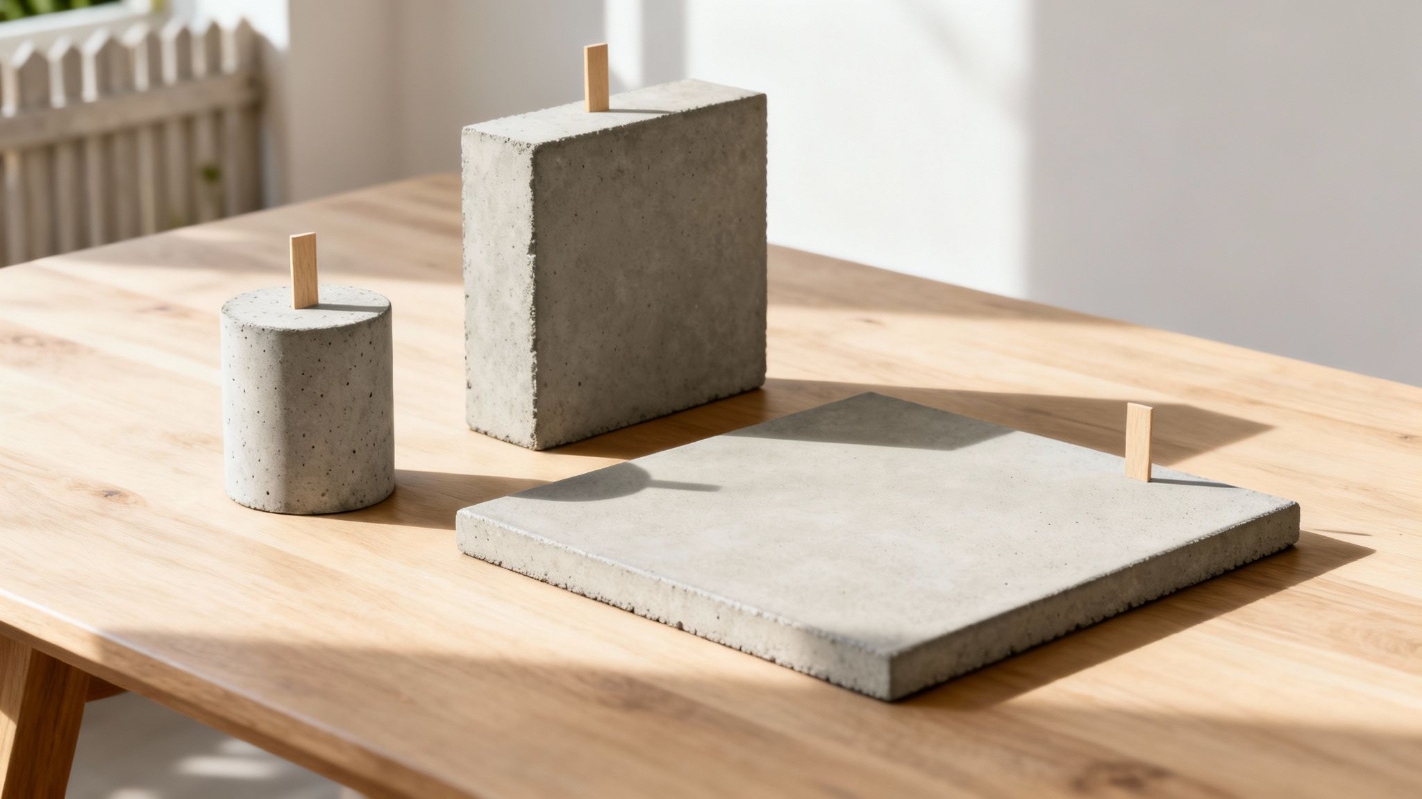 Tre grå betonformer med træpinde, placeret på et lyst træbord med sollys og skygger.