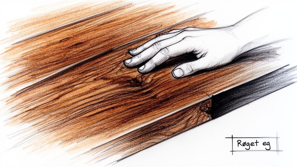 Detaljeret tegning af en hånd, der rører ved en smuk, tekstureret overflade af røget eg.