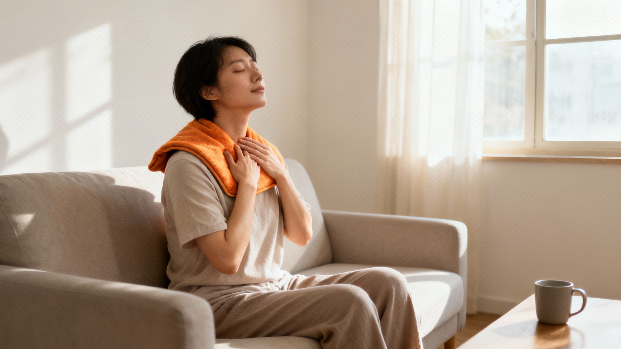 Afslappet kvinde med orange håndklæde om nakken søger lindring på sofa i solbeskinnet stue.