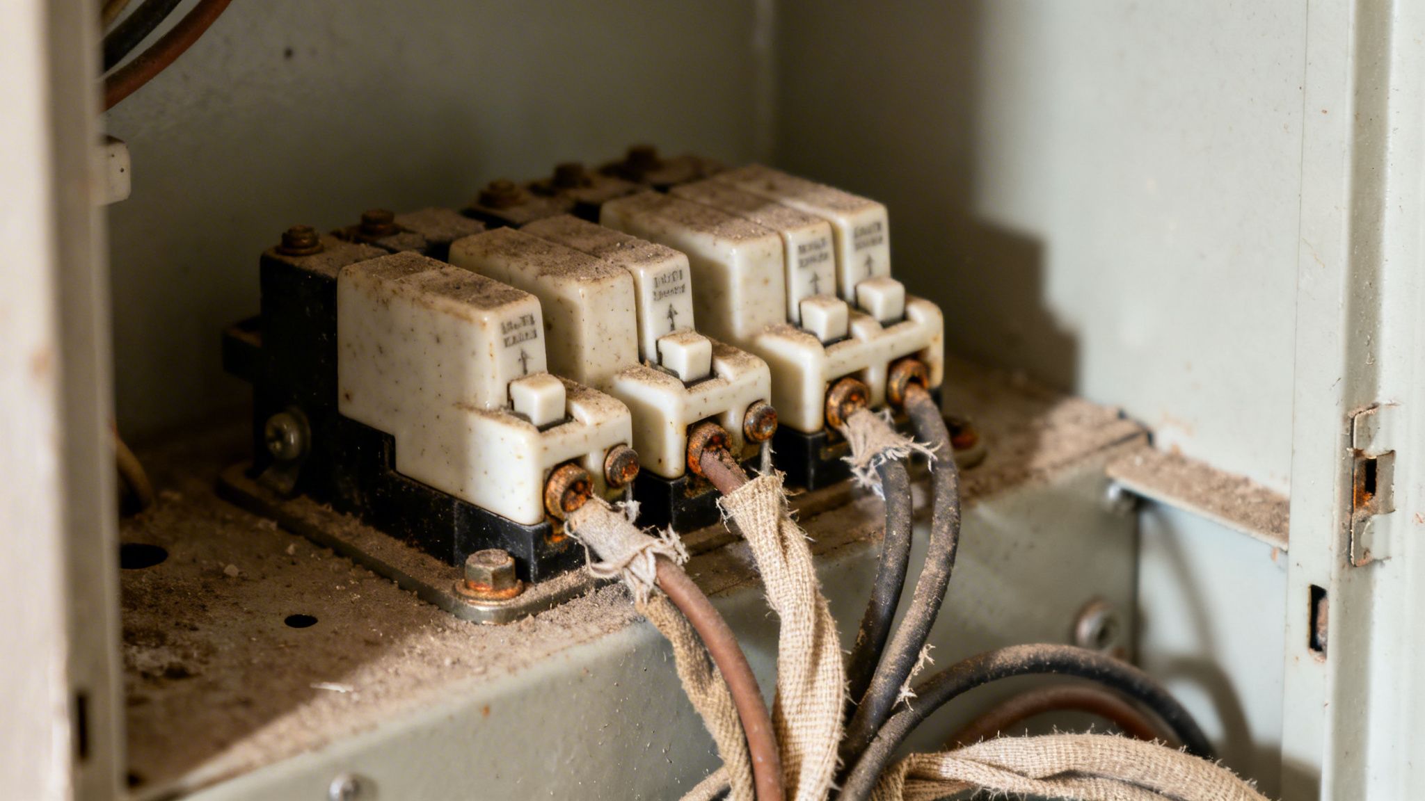 Gammel og støvet eltavle med flere sikringer og rustne ledninger, der viser slidt elektrisk installation.