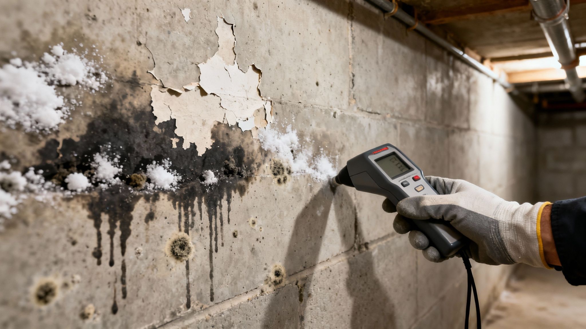 En hånd med handske måler fugt i en kælder med skimmel, hvidt udtræk og afskallet maling på betonvæggen.