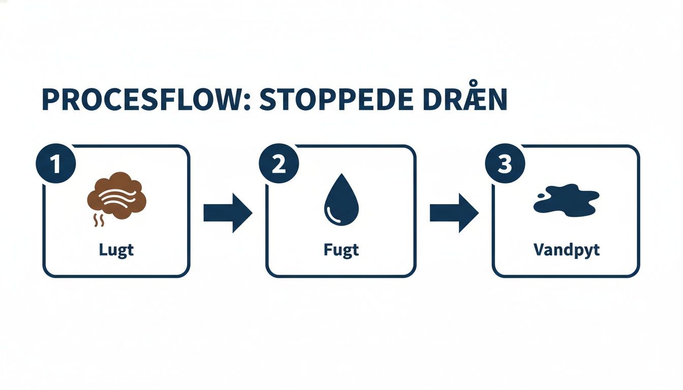 En procesflow-illustration, der viser konsekvenserne af stoppede dræn: lugt, fugt og en vandpyt.