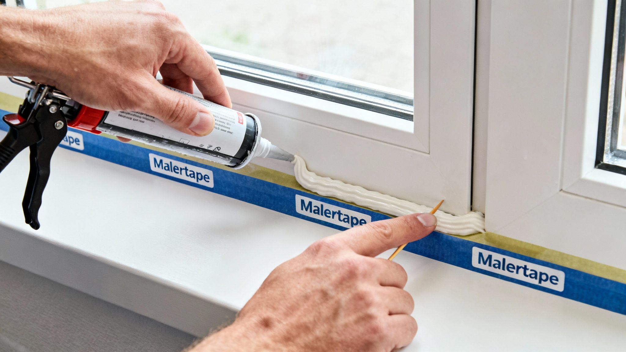 Hænder fuger vindueskarm med fugemasse og spartel, beskyttet af malertape.