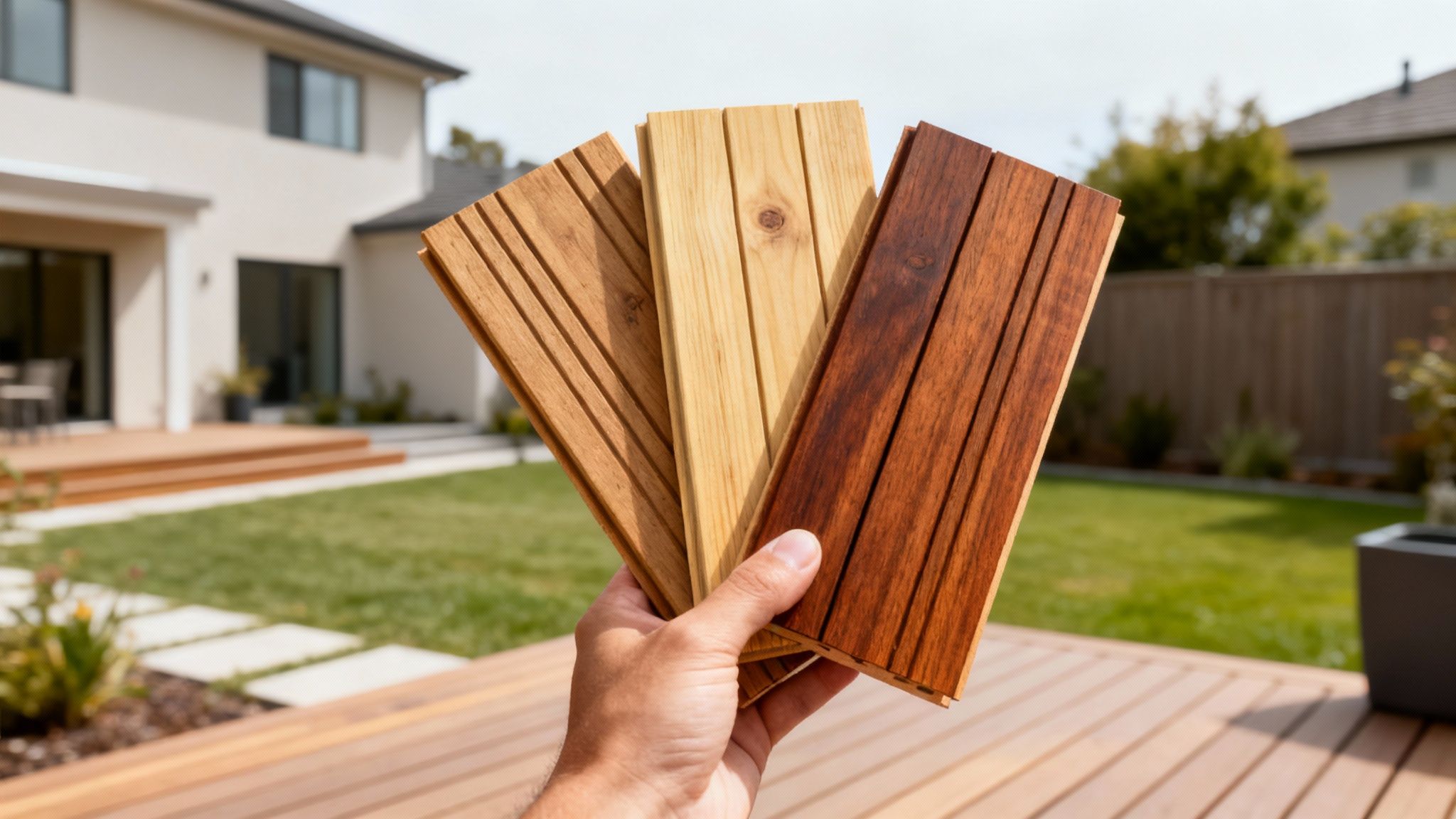 Hånd holder tre træprøver i forskellige nuancer, ideelle til en træterrasse, med hus og have i baggrunden.