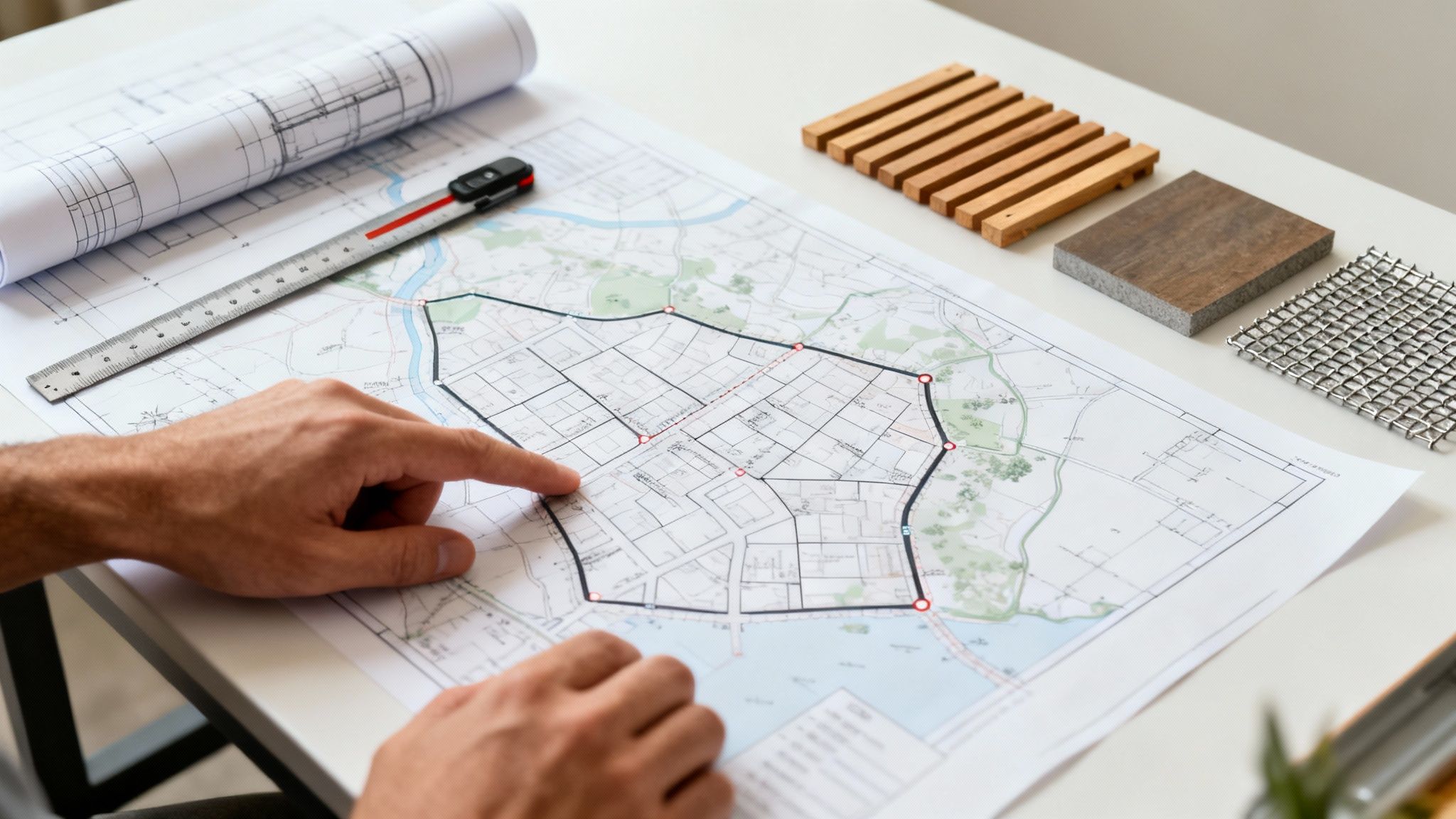 Nærbillede af hænder, der peger på et bykort med arkitekttegninger, lineal og materialeprøver på et bord.