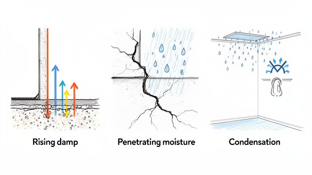 Illustration af tre almindelige fugtproblemer: opstigende fugt, indtrængende fugt og kondens.