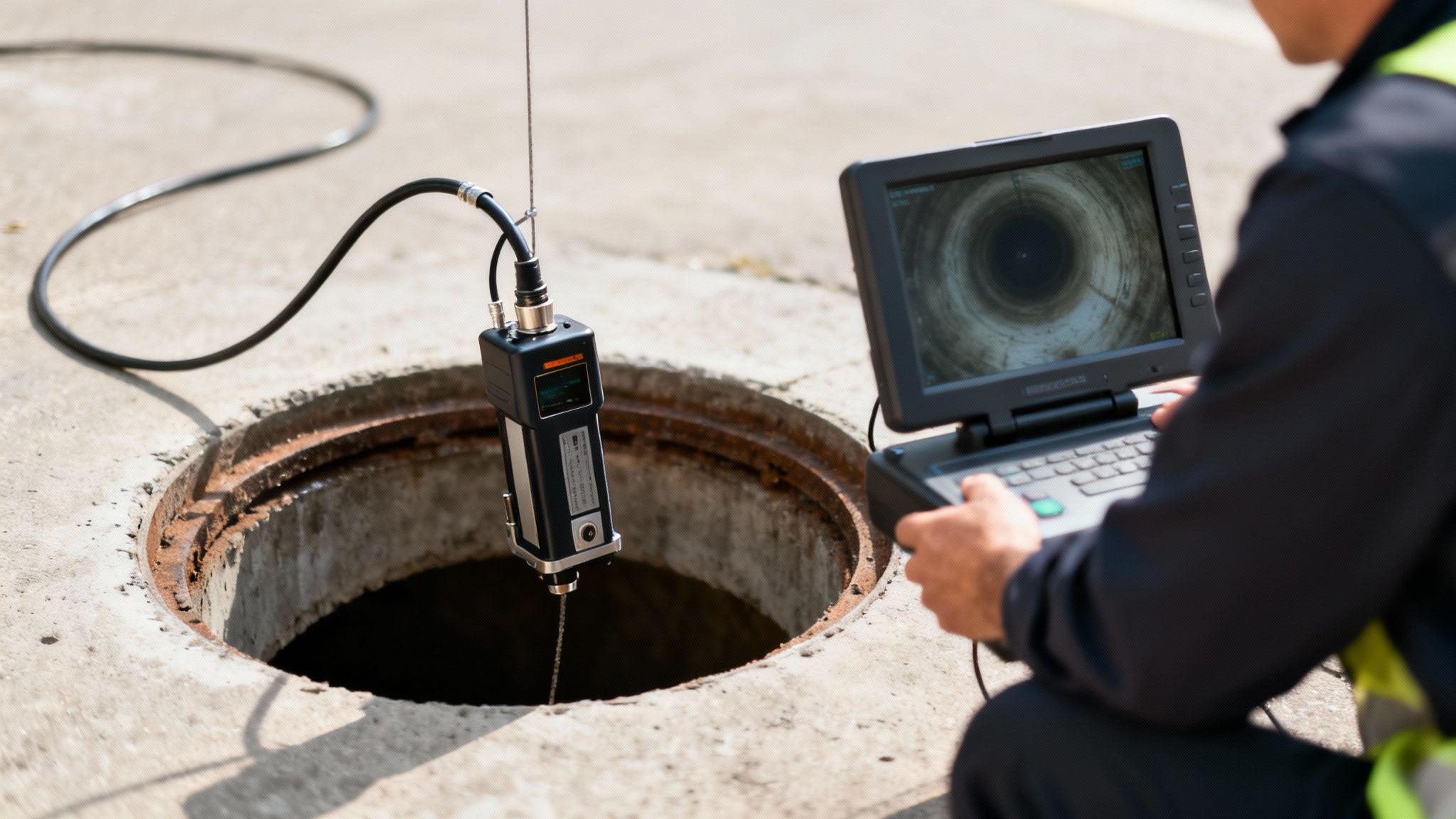 Person inspicerer et kloakdæksel med et kamera og overvåger billedet på en skærm, sandsynligvis for rottebekæmpelse.