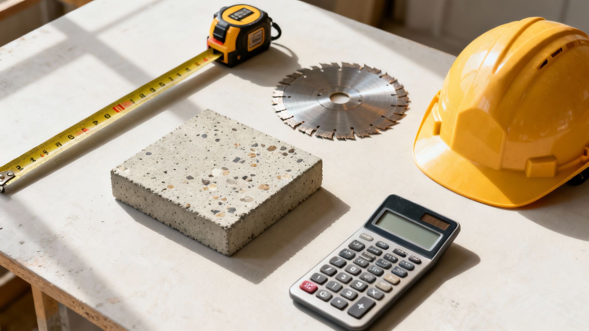Ovenfra billede af byggeredskaber, inklusive målebånd, betonblok, savklinge, gul hjelm og lommeregner, på en arbejdsflade.