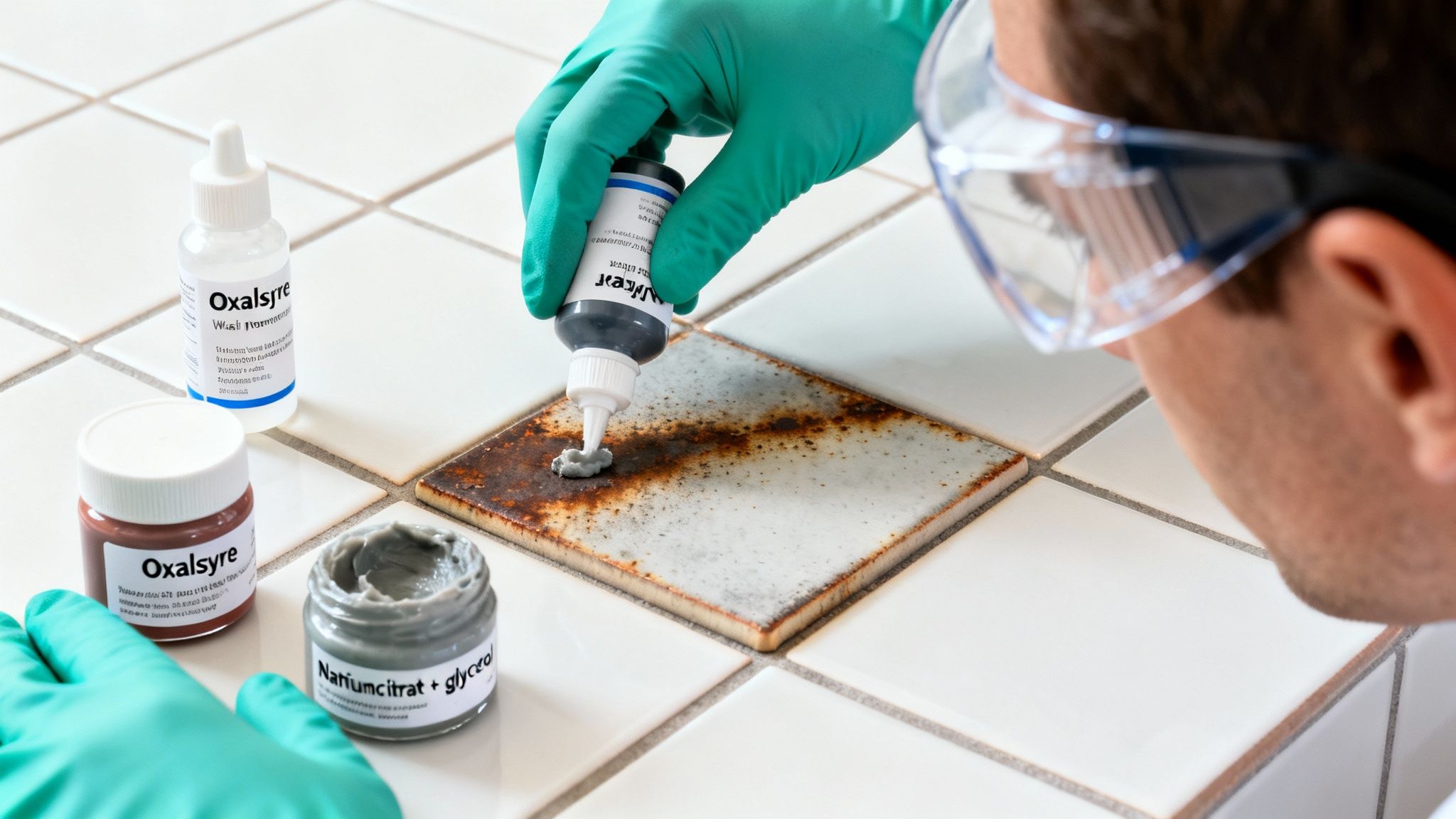 En person i grønne handsker og beskyttelsesbriller renser rust fra en flise med kemiske produkter.