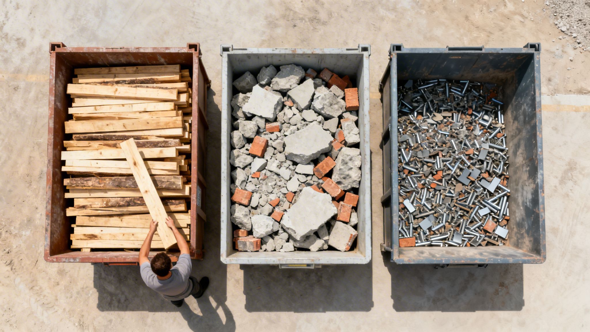 En person sorterer byggeaffald i tre containere med træ, beton og metal.