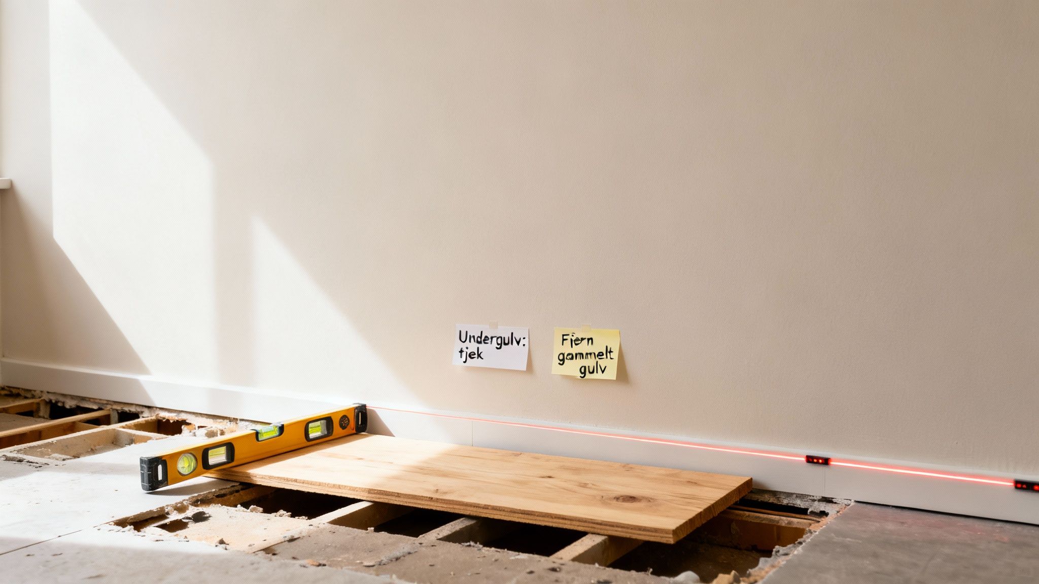 Rum under renovering med blotlagt undergulv, vaterpas, træbræt og laserlinje på væggen.