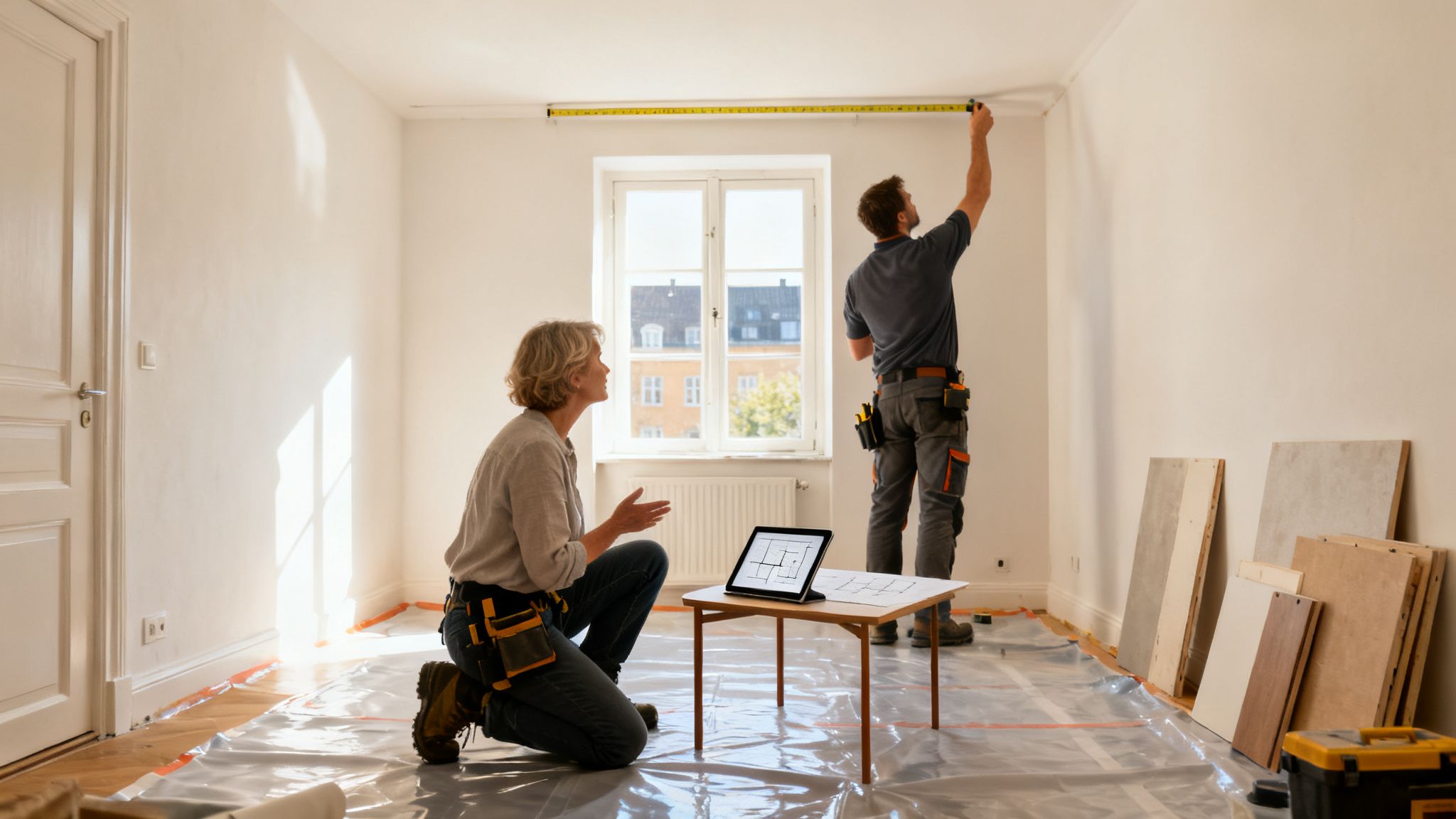 To håndværkere renoverer et rum; en måler væggen, mens den anden kigger på plantegninger på en tablet.