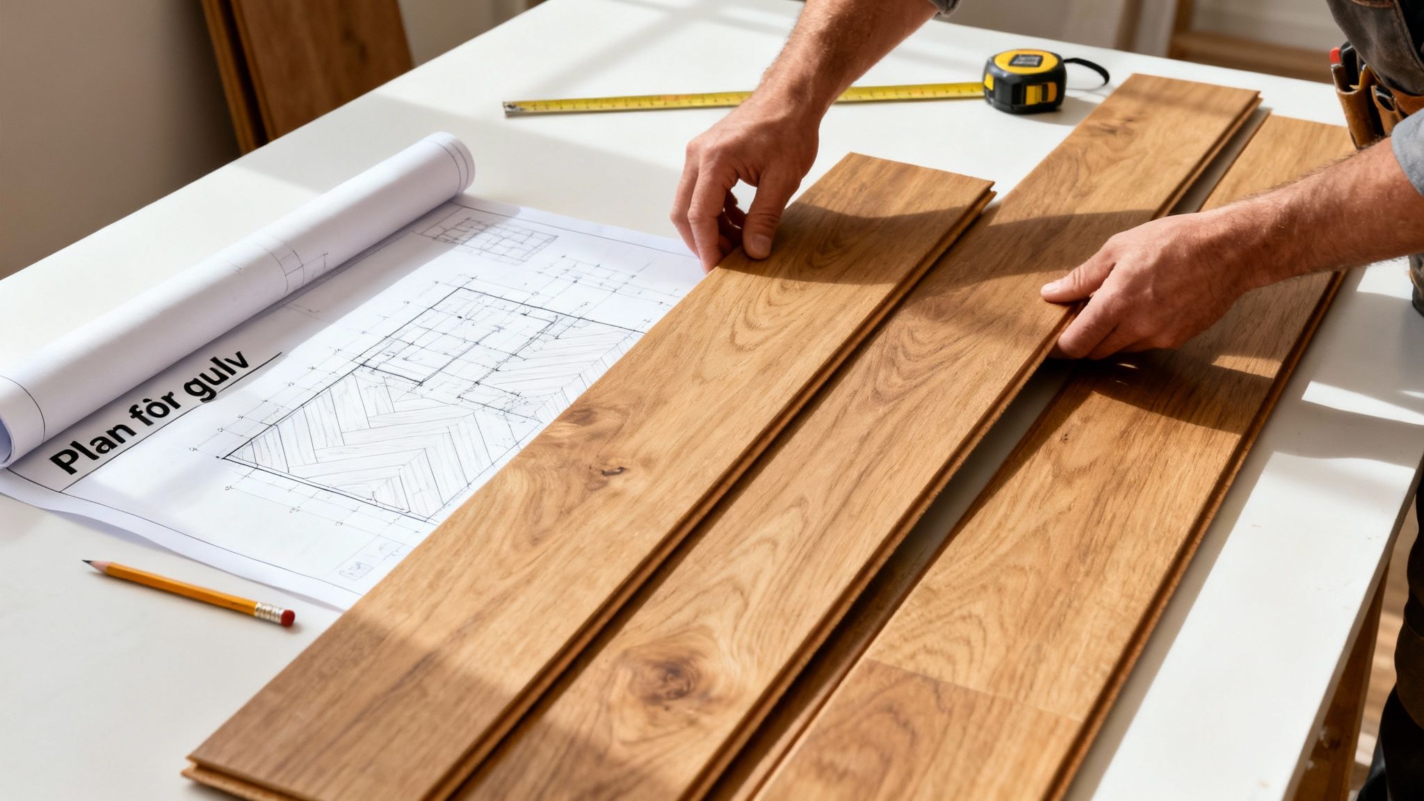 En håndværker lægger trægulvsbrædder ud på en gulvplan med et målebånd, klar til installation.